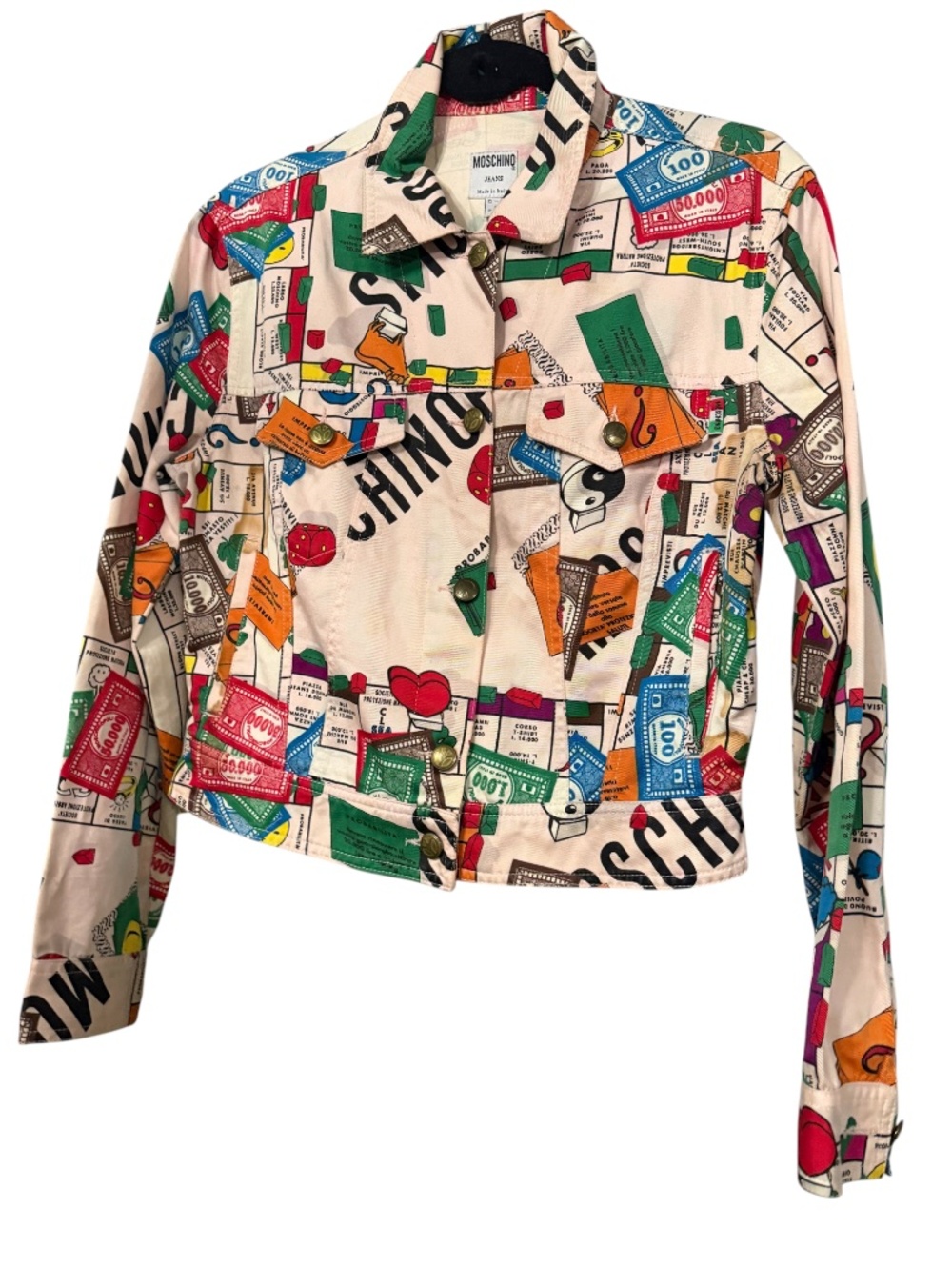 Moschino Jeans Monopoly Print Denim Jacket Size US 8
